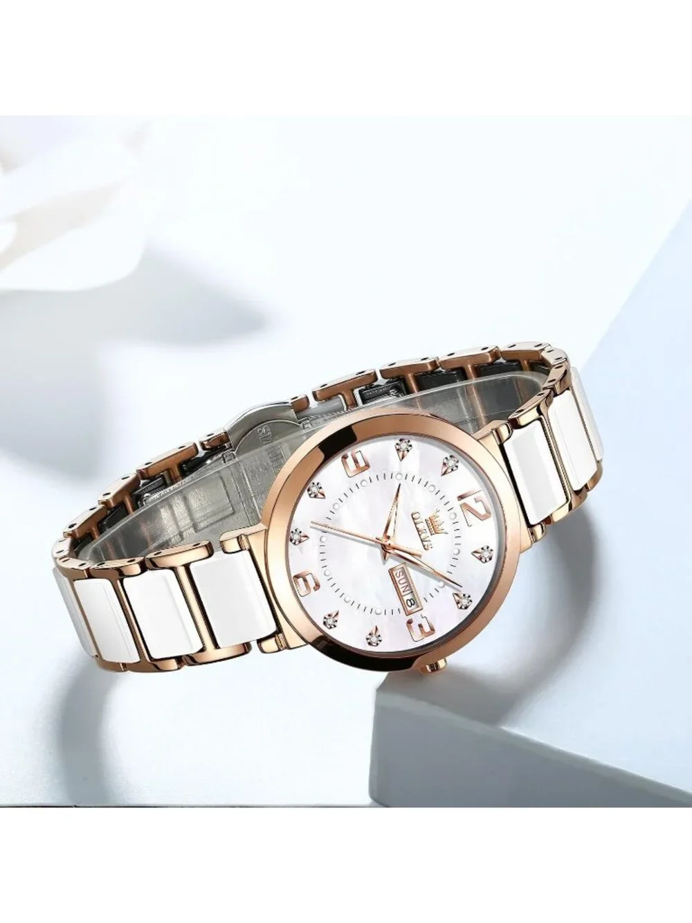 Women's Silver Rose Gold Ceramic Two Tone Ladies Casual Wristwatch Day Date Gift